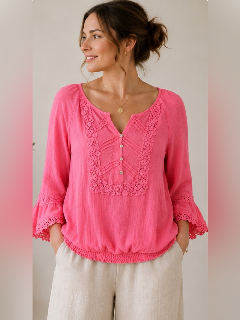 Cable & Gauge Pink Boho Peasant Blouse Crochet Trim Bell Sleeve Top S